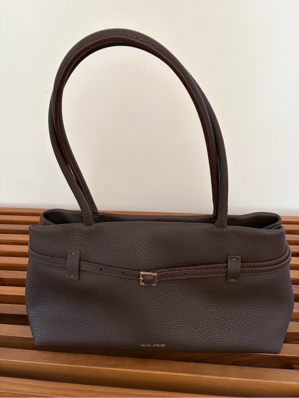 Manu Atelier Le Cambon East West Bag in Dark Brown Pebbled Leather.